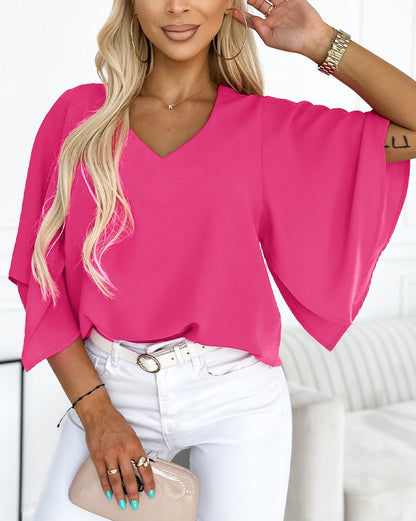 Flounce Flutter Sleeve V Neck Blouse