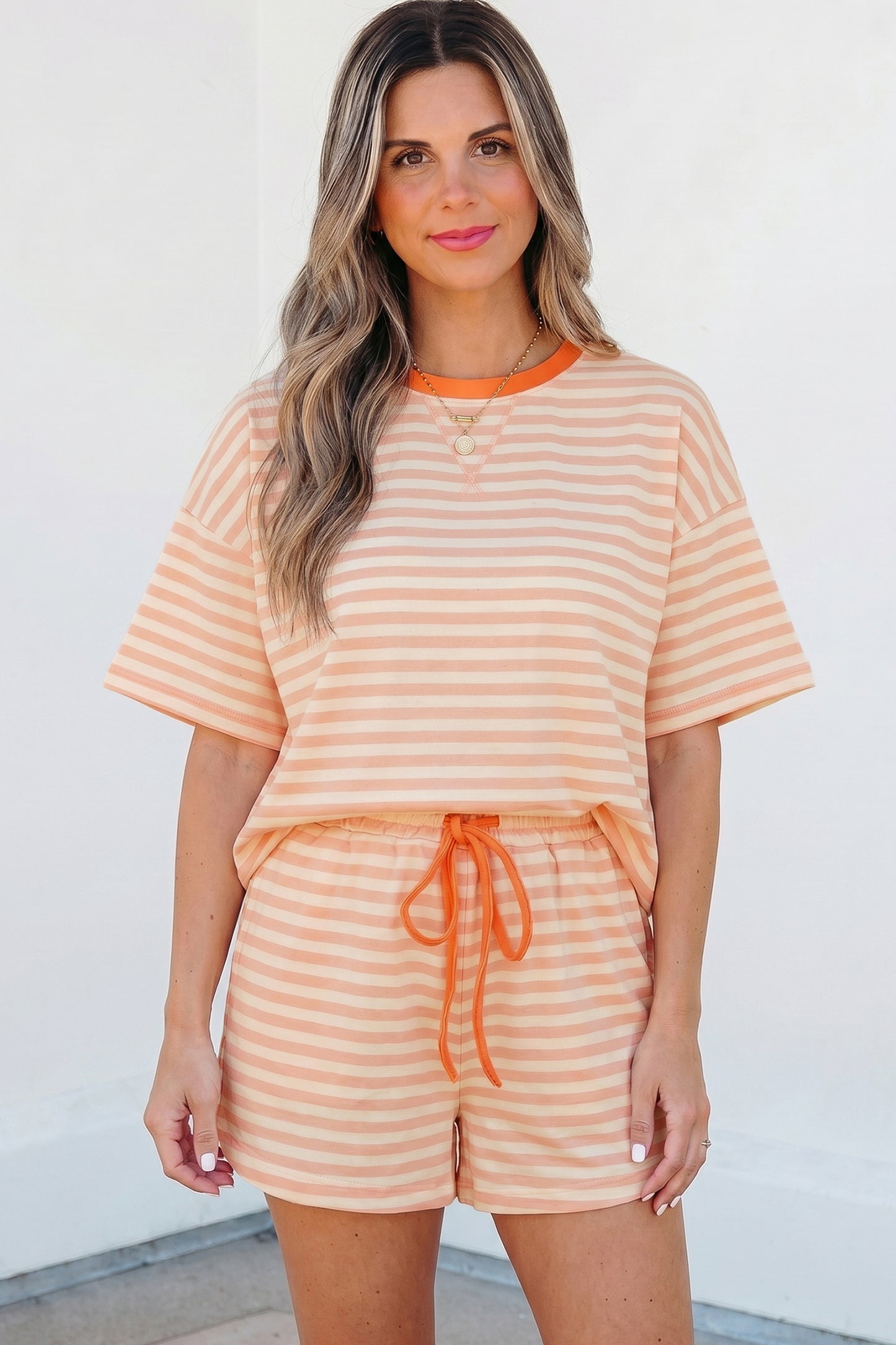 Stripe Contrast Trim Tee & Drawstring Shorts Set