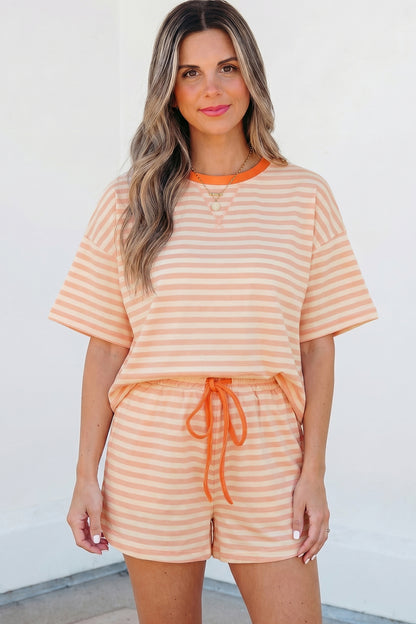 Stripe Contrast Trim Tee & Drawstring Shorts Set