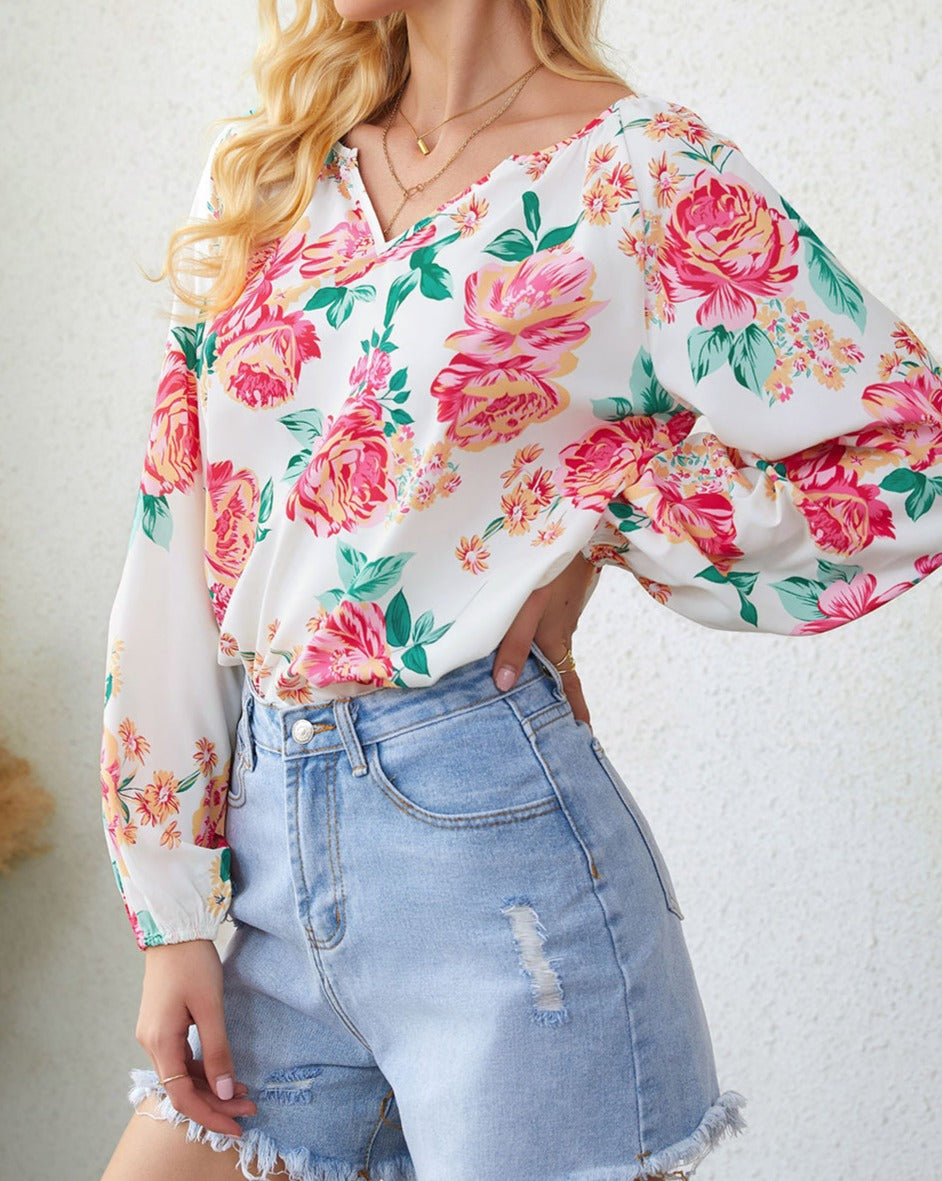 Floral Pleated Notch V-Neck Blouse