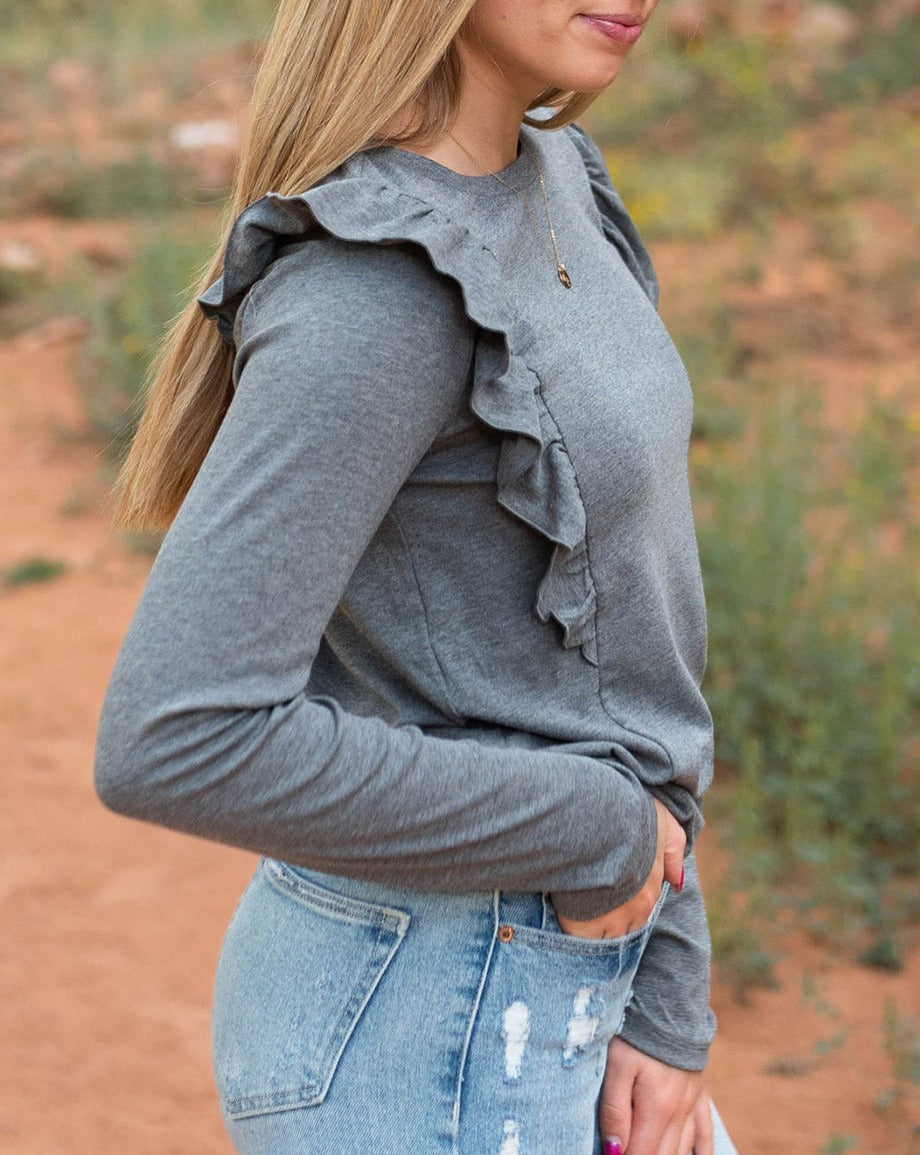 Ruffle Shoulder Crew Neck Top