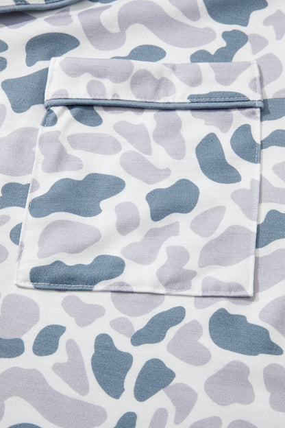 Camo Lapel Shirt & Drawstring Shorts Pajama Set