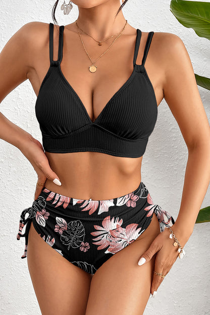 Tropical Colorblock Ribbed High Waist Bikini Swimsuit
