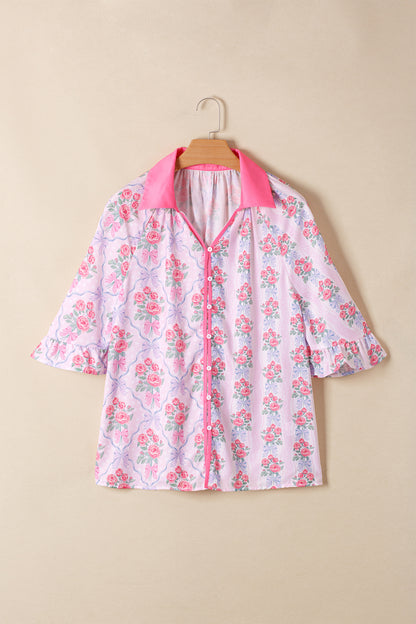 Floral Collared V-Neck Ruffle 3/4 Sleeve Shirt