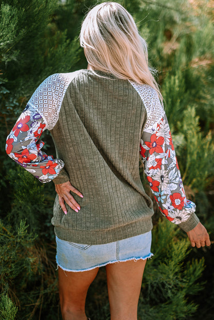 Floral Ribbed Patchwork Long Sleeve Blouse