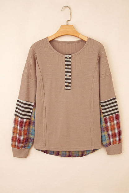 Stripe Plaid Patchwork Waffle Knit Henley Top