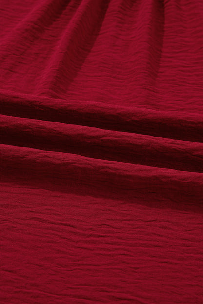 Solid Notched Neck Shirred Cuff Long Sleeve Blouse