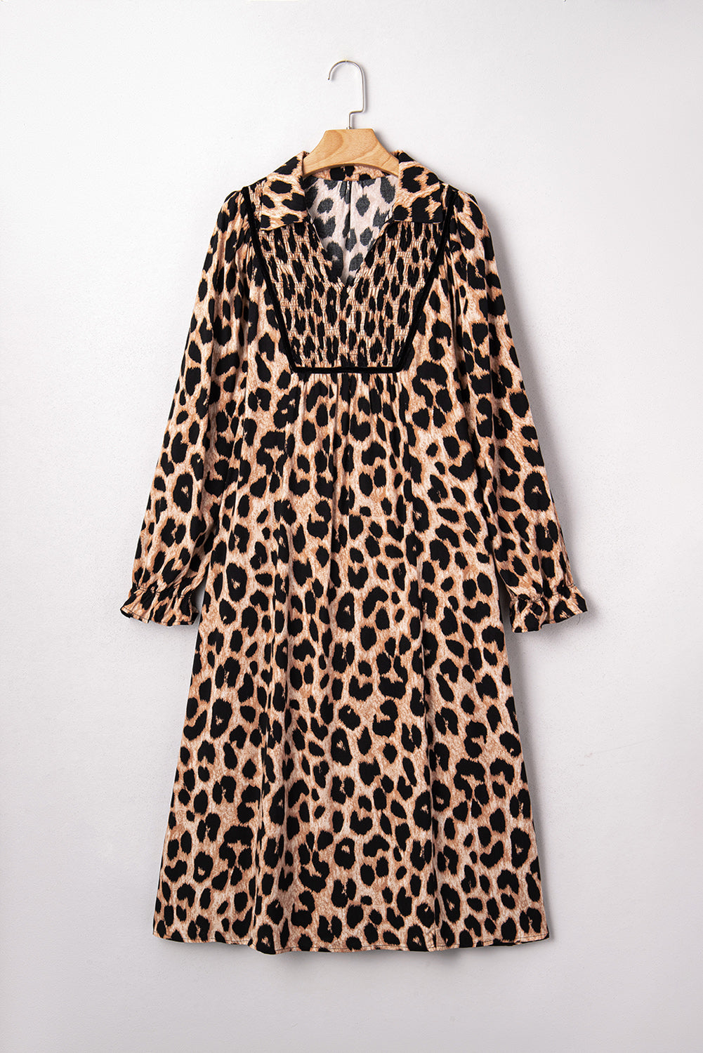 Leopard Smocked V-Neck Flowy Midi Dress