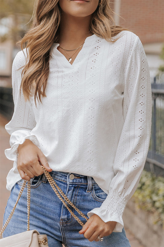 Eyelet Flounced Long Sleeve Blouse