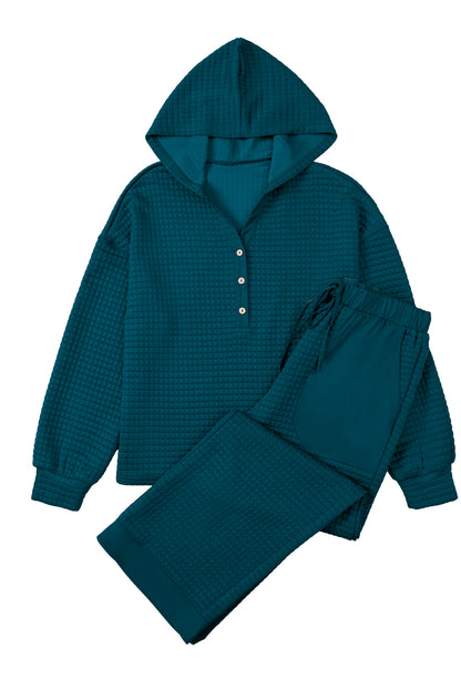 Waffle Textured Patchwork Hooded Top and Pants Set