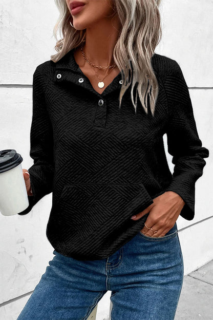 Geometric Textured Buttoned Collar Sweatshirt