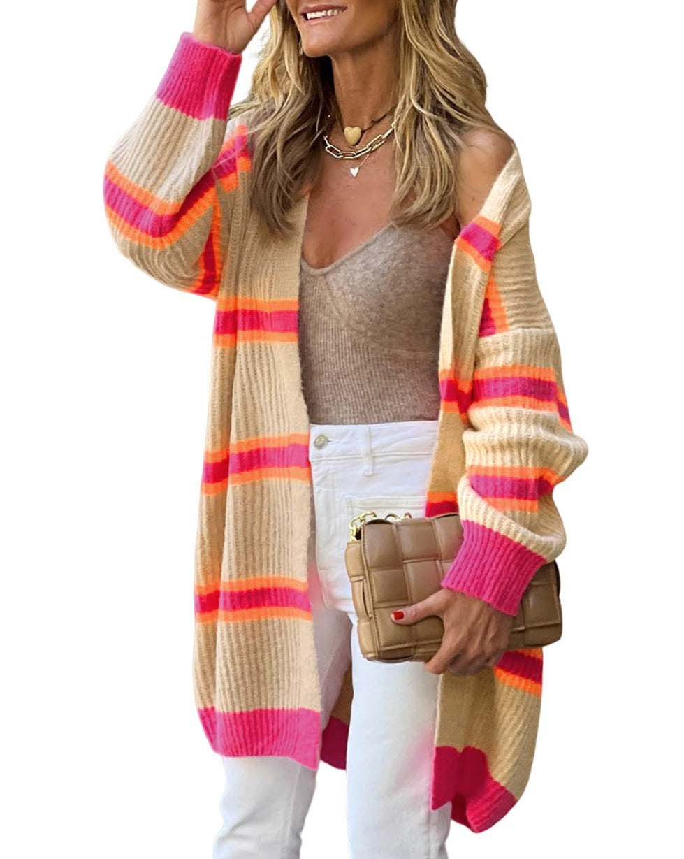 Multicolor Stripe Ribbed Long Cardigan