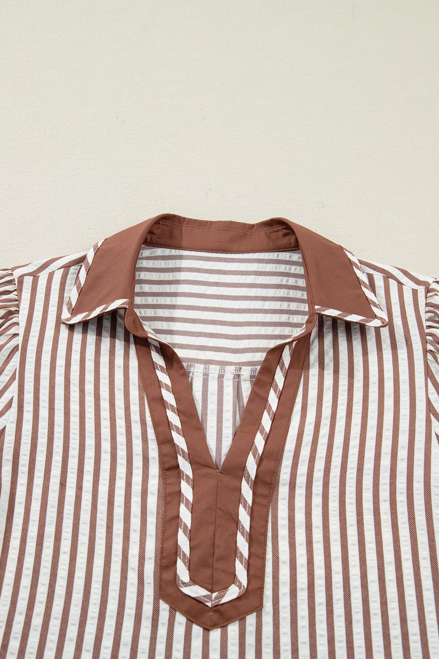 Stripe Collared V-Neck Bubble Sleeve Blouse