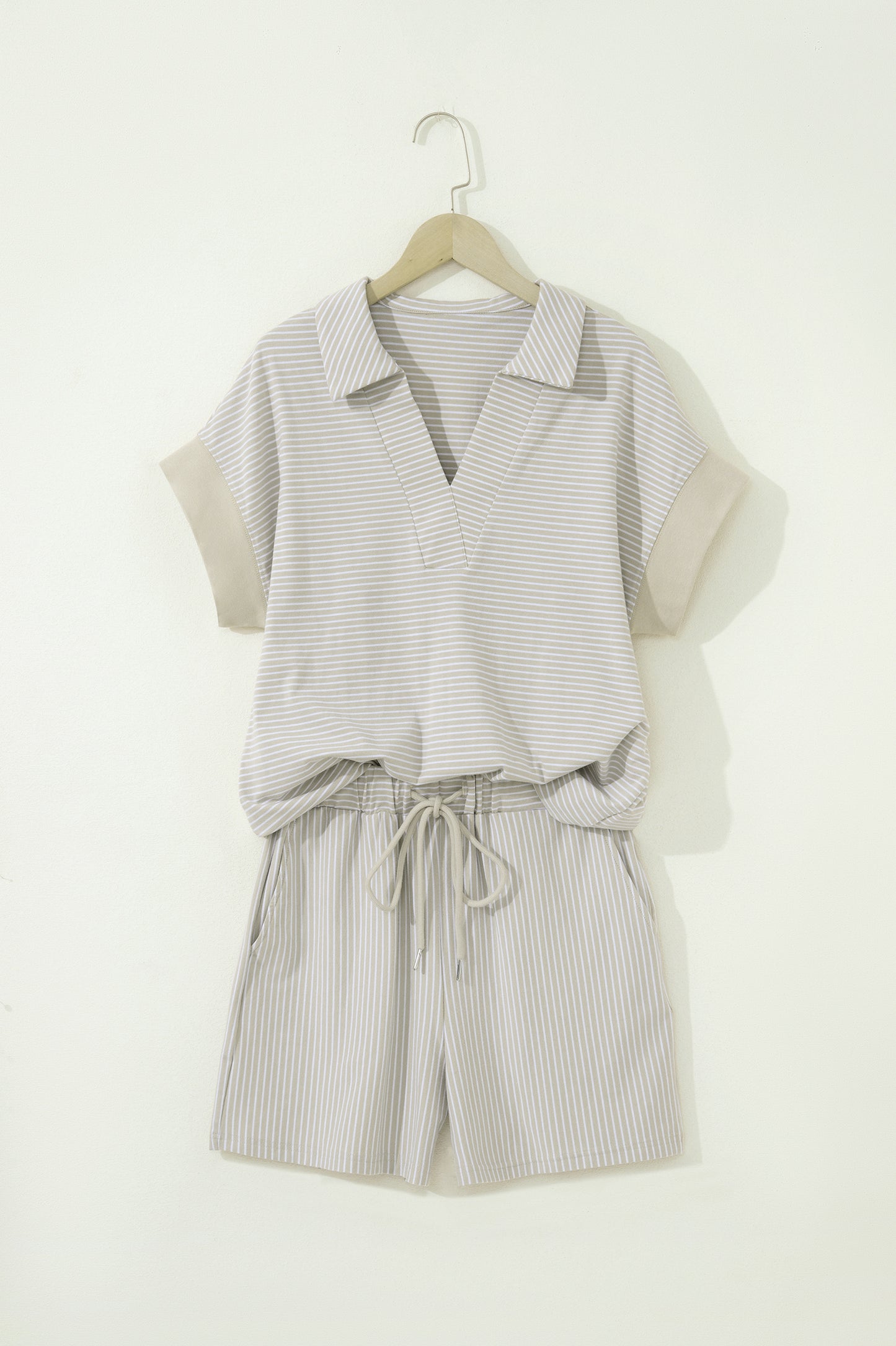 Stripe Dolman Sleeve Polo Shirt & Drawstring Shorts Set