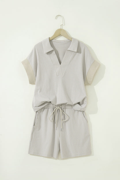 Stripe Dolman Sleeve Polo Shirt & Drawstring Shorts Set