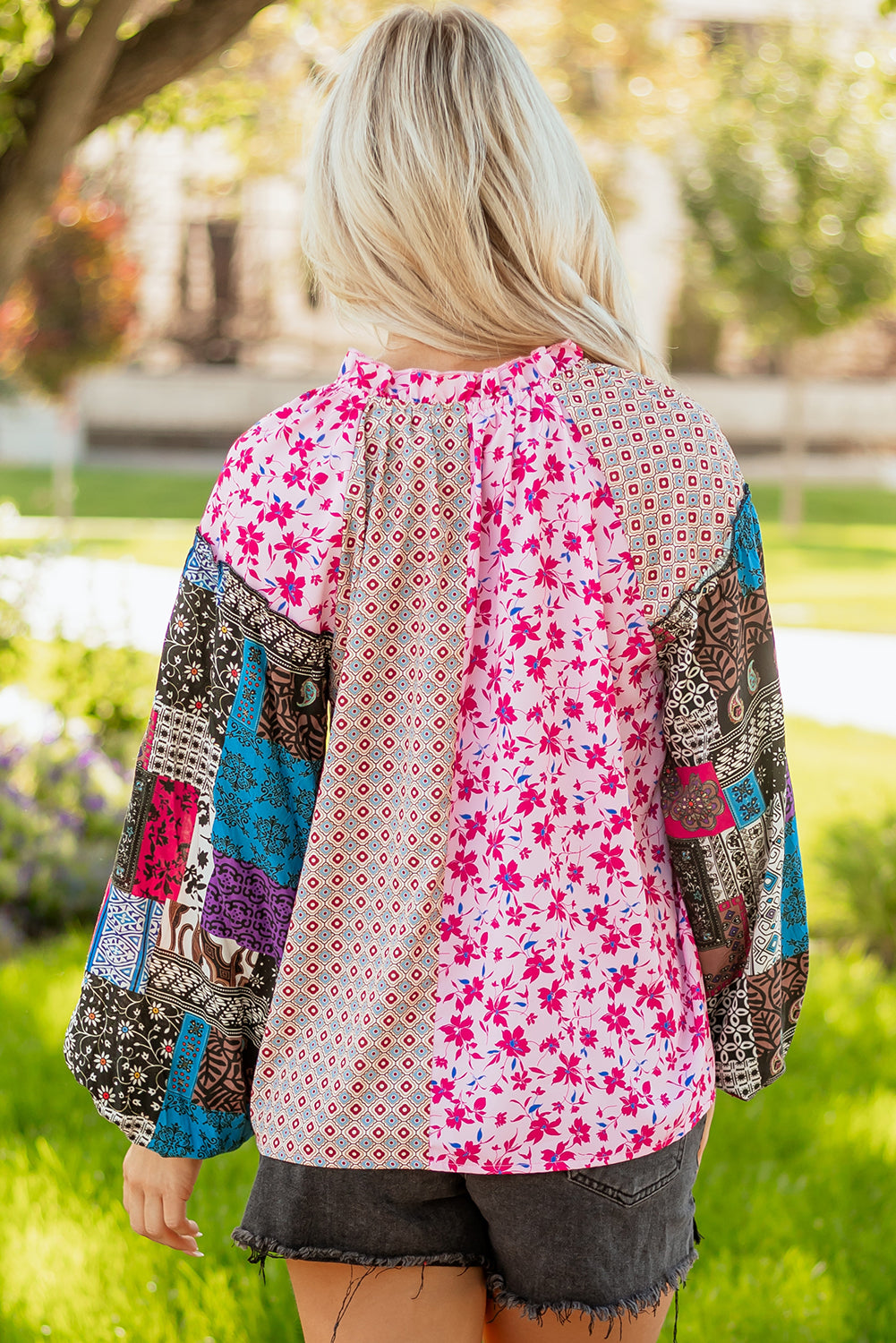 Boho Floral Patchwork Bubble Sleeve Blouse