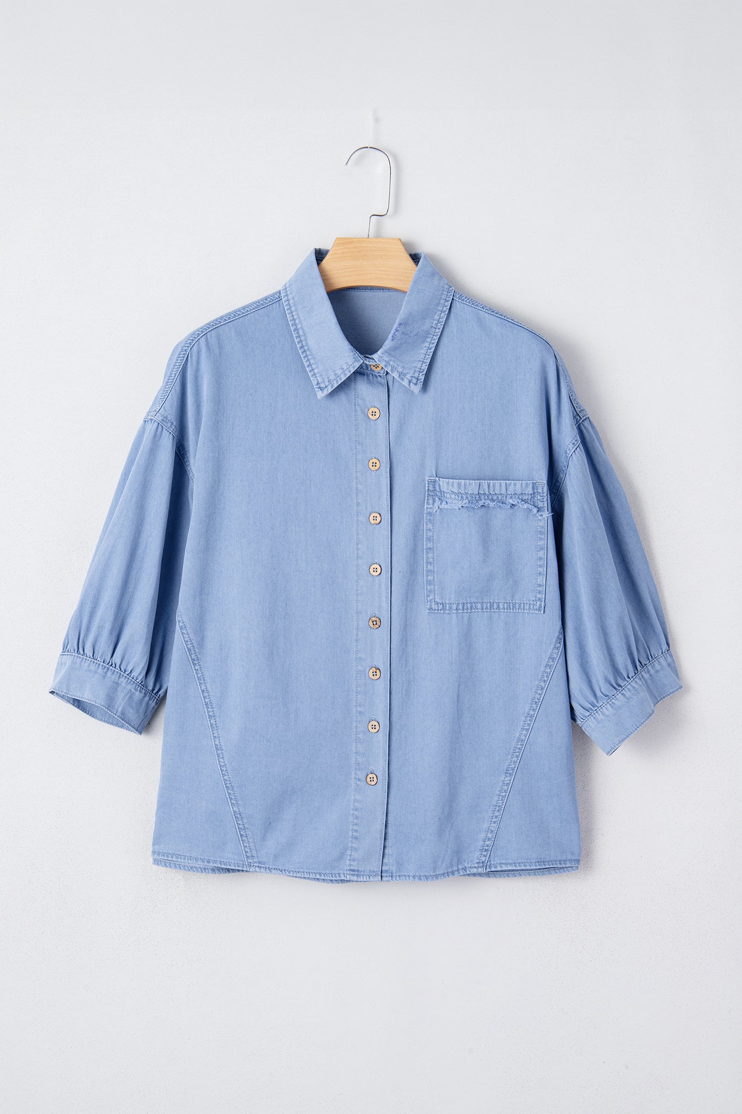 Denim Chambray Drop Shoulder 3/4 Sleeve Shirt