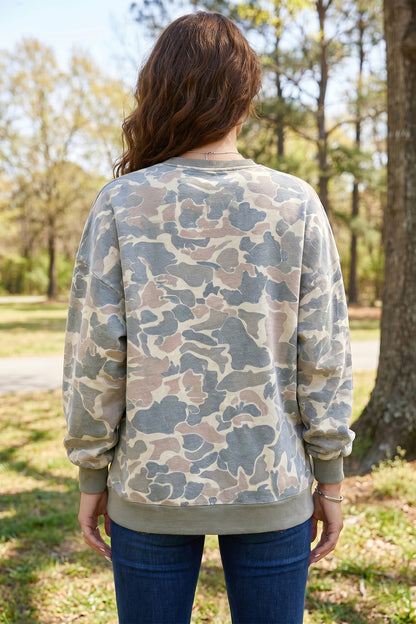 Camo Ribbed Trim Crew Neck Pullover Sweatshirt