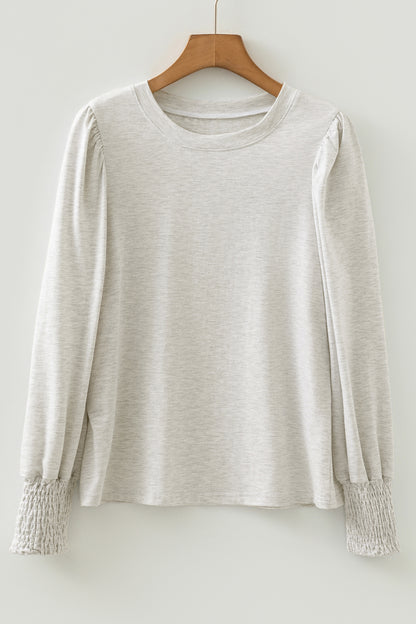 Solid Shirred Peasant Long Puff Sleeve Top