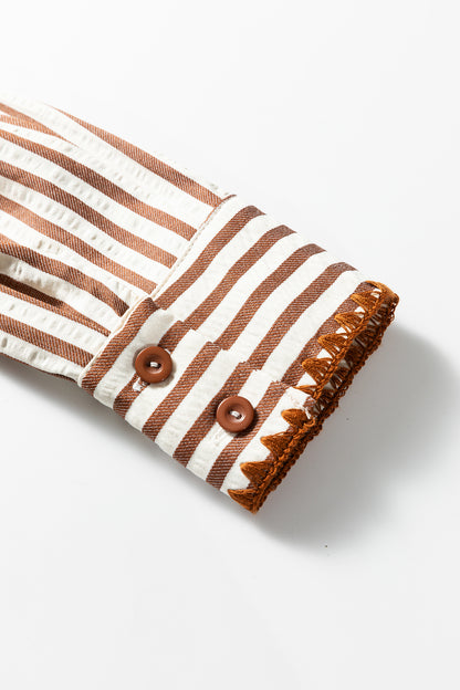 Stripe Embroidered Trim Ruffle Hem Collared Dress