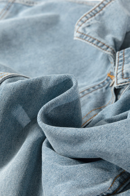 Light Wash Denim Drawstring Hem Buttoned Jacket