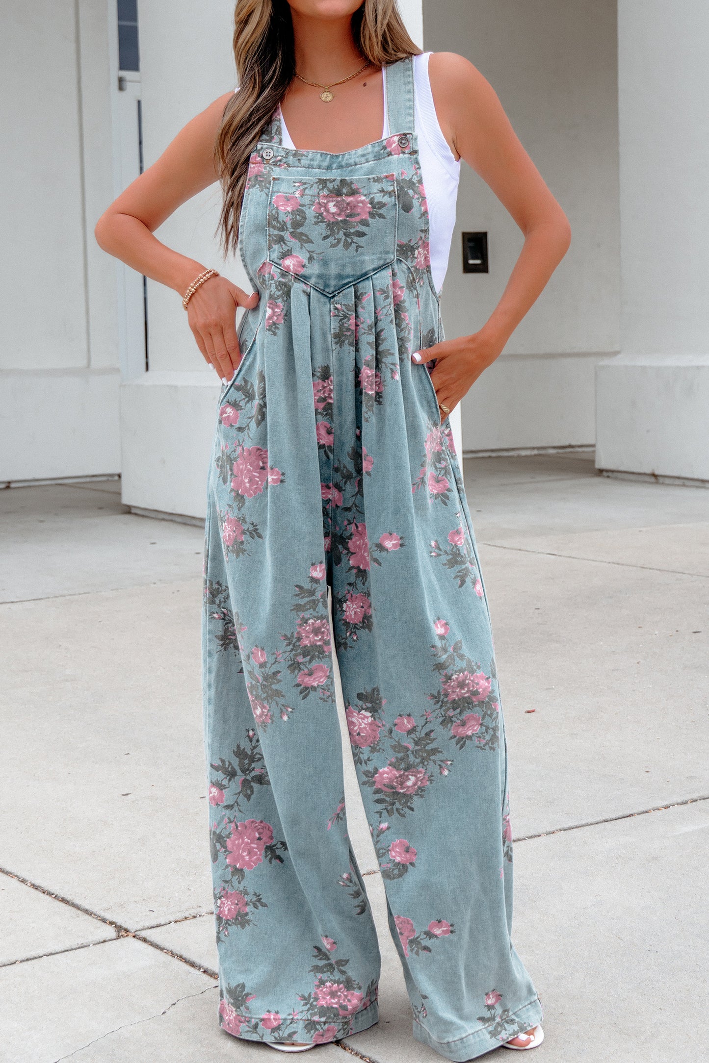 Floral Pleated High Waist Wide Leg Jumpsuit