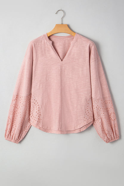 Embroidered Eyelet Patchwork Batwing Sleeve Blouse
