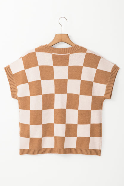 Checker Colorblock Ribbed Trim Sweater Knit Top