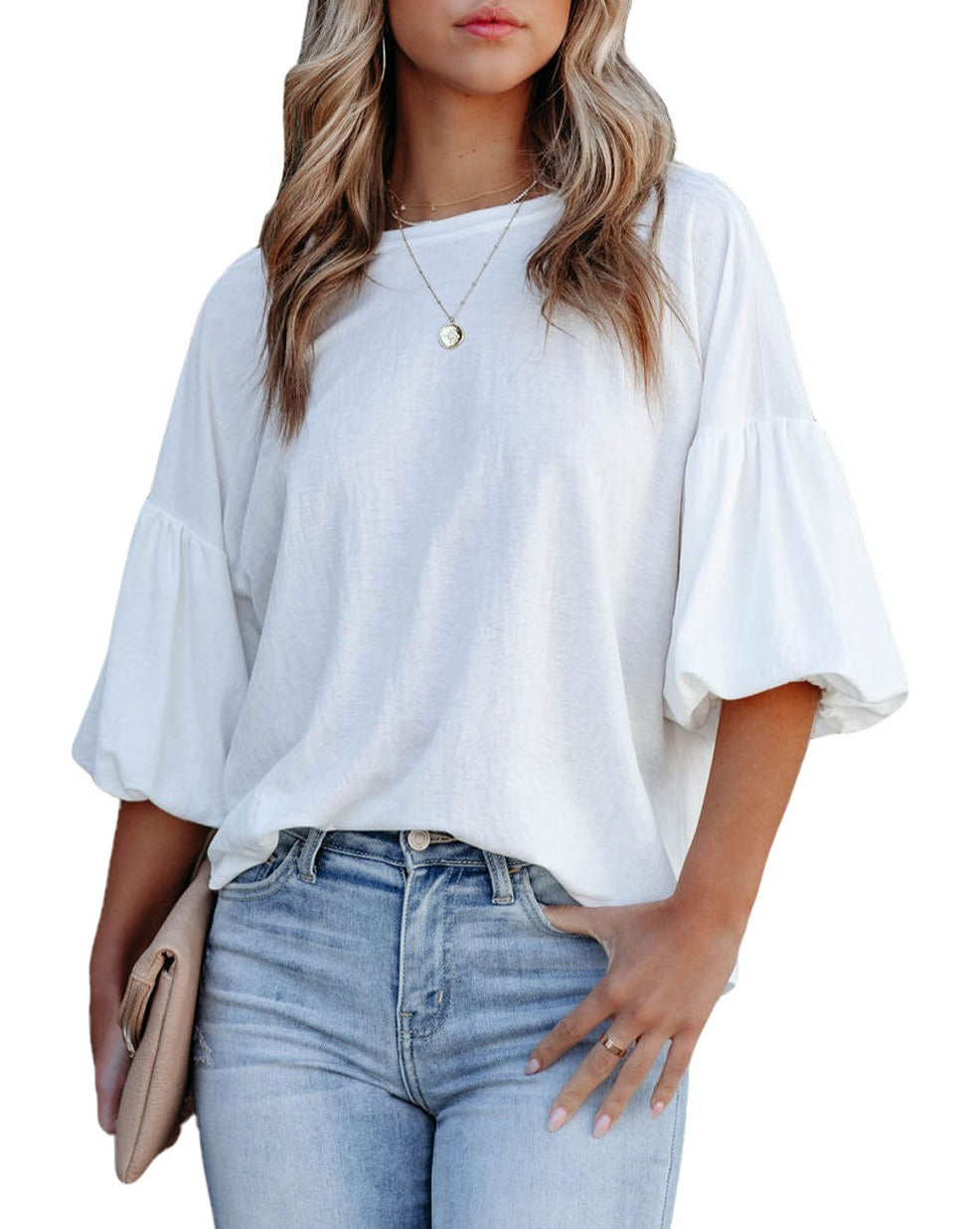 Bubble Sleeve Round Neck Blouse