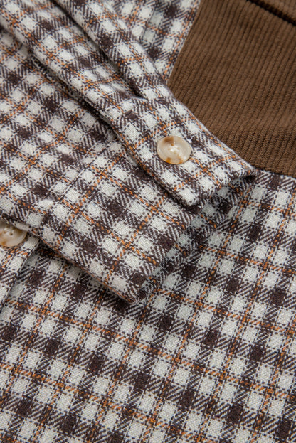 Plaid Corduroy Patchwork Pocketed Button-Up Shacket