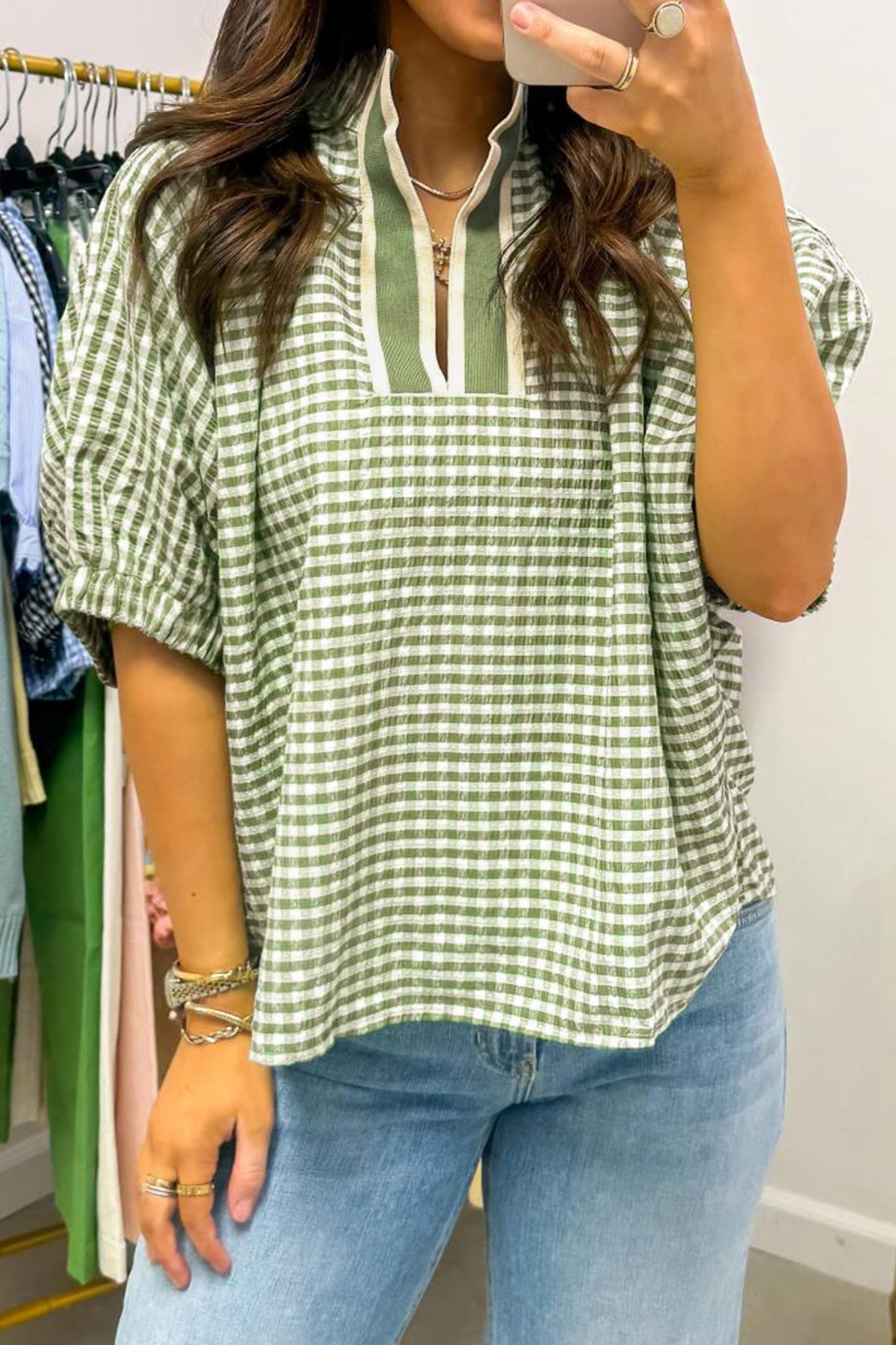 Gingham Plaid Colorblock Trim Split Neck Blouse