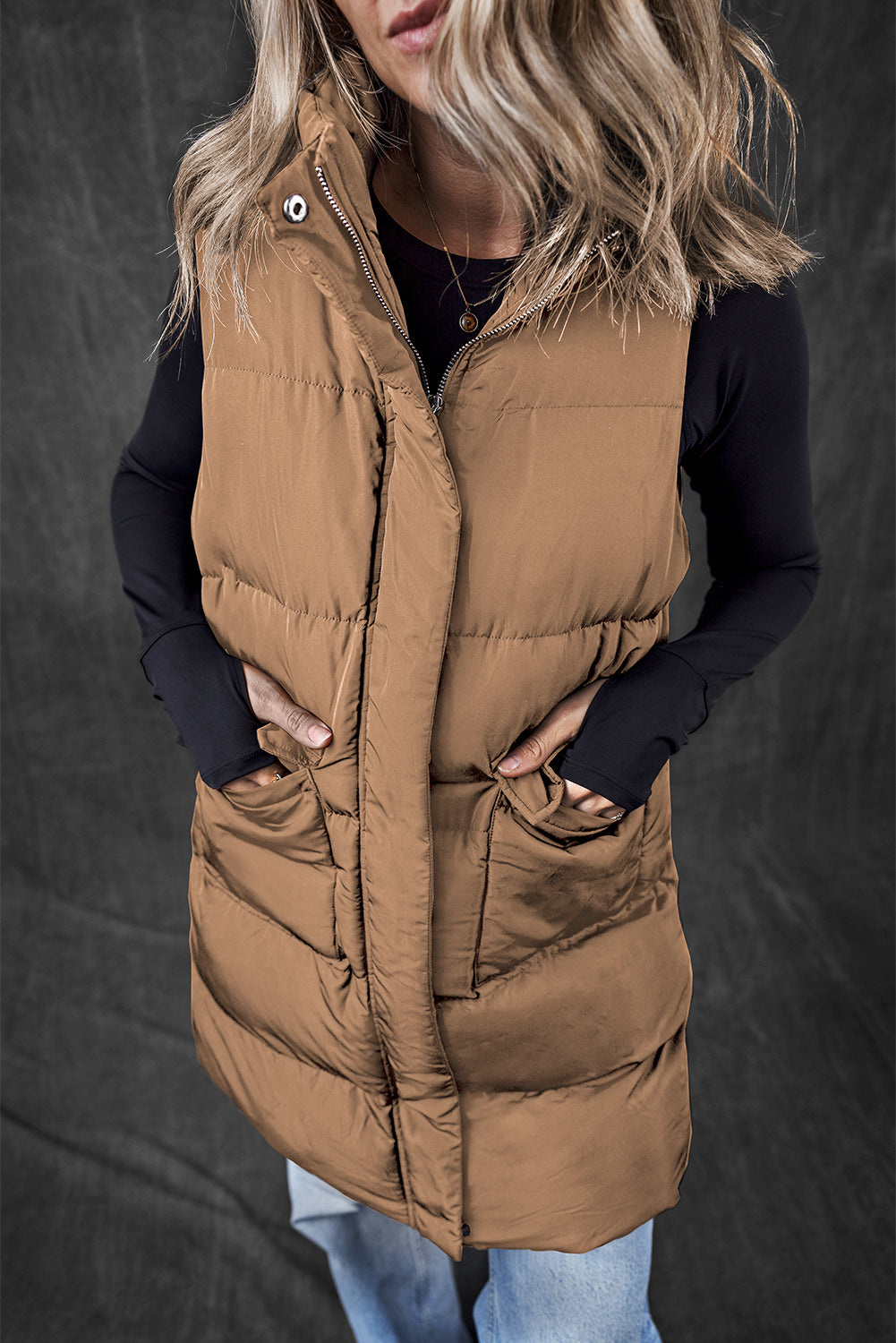 Zip Up Pocketed Longline Puffer Vest