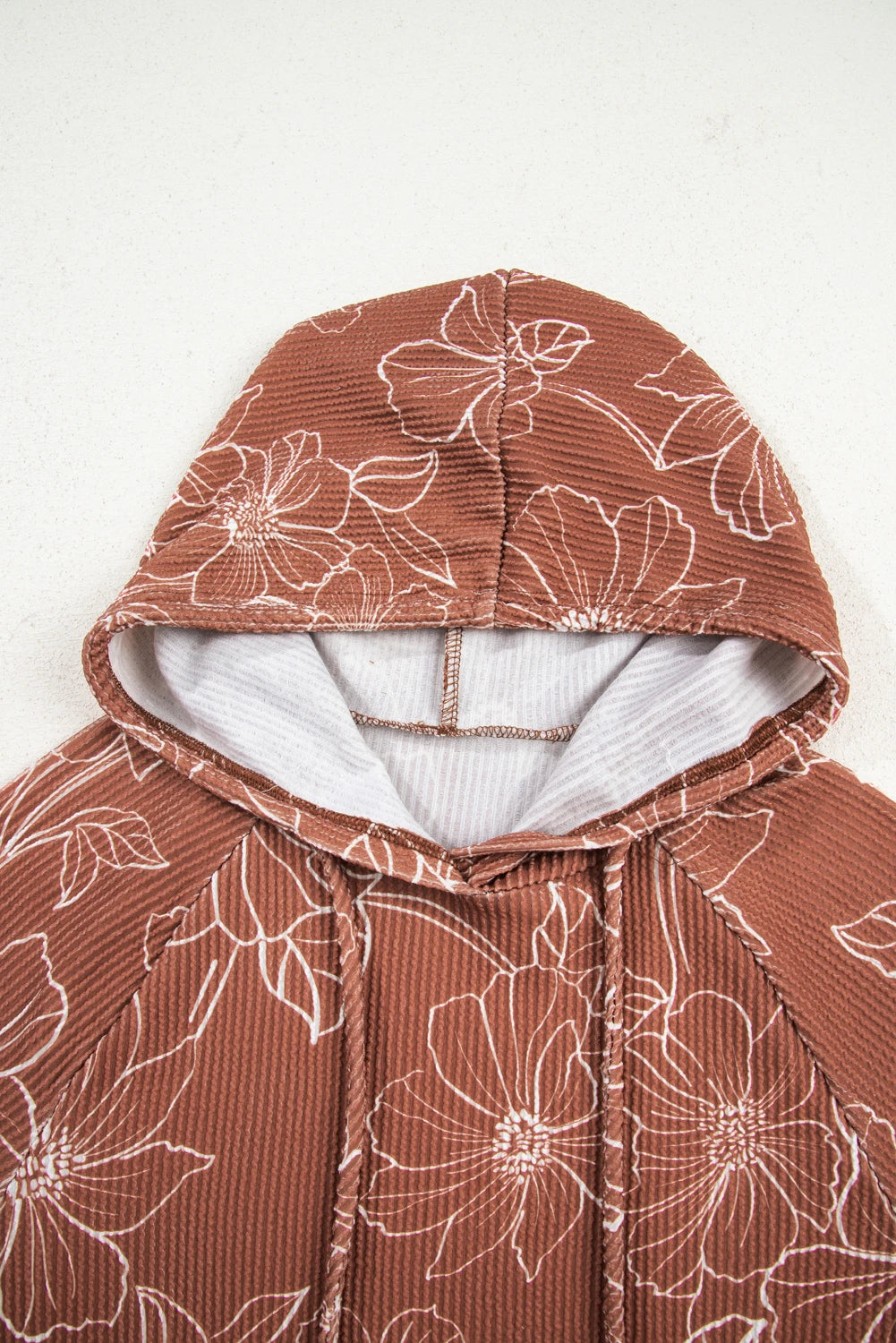 Floral Corded Knit Drawstring Kangaroo Pocket Hoodie