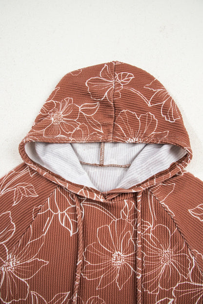 Floral Corded Knit Drawstring Kangaroo Pocket Hoodie