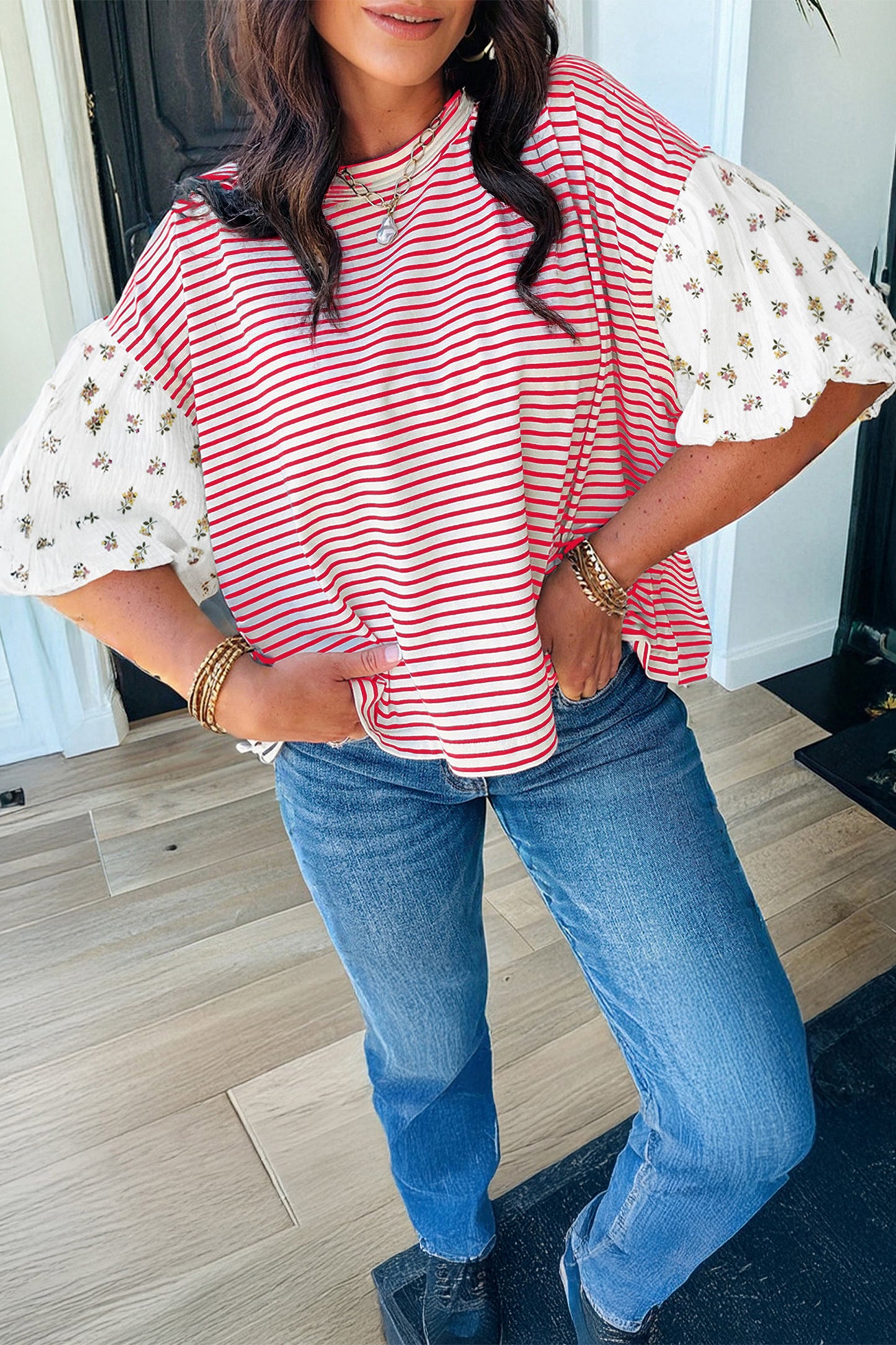 Floral Stripe Patchwork Puff Sleeve Round Neck Top