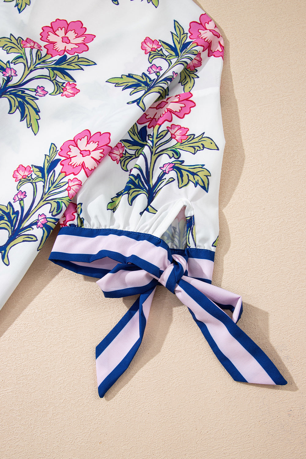 Floral Colorblock Stripe Knot Bubble Sleeve Blouse