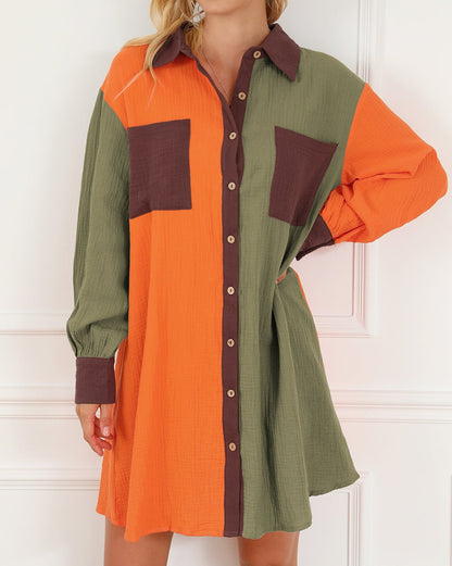 Colorblock Crinkle Oversized Shirt Dress