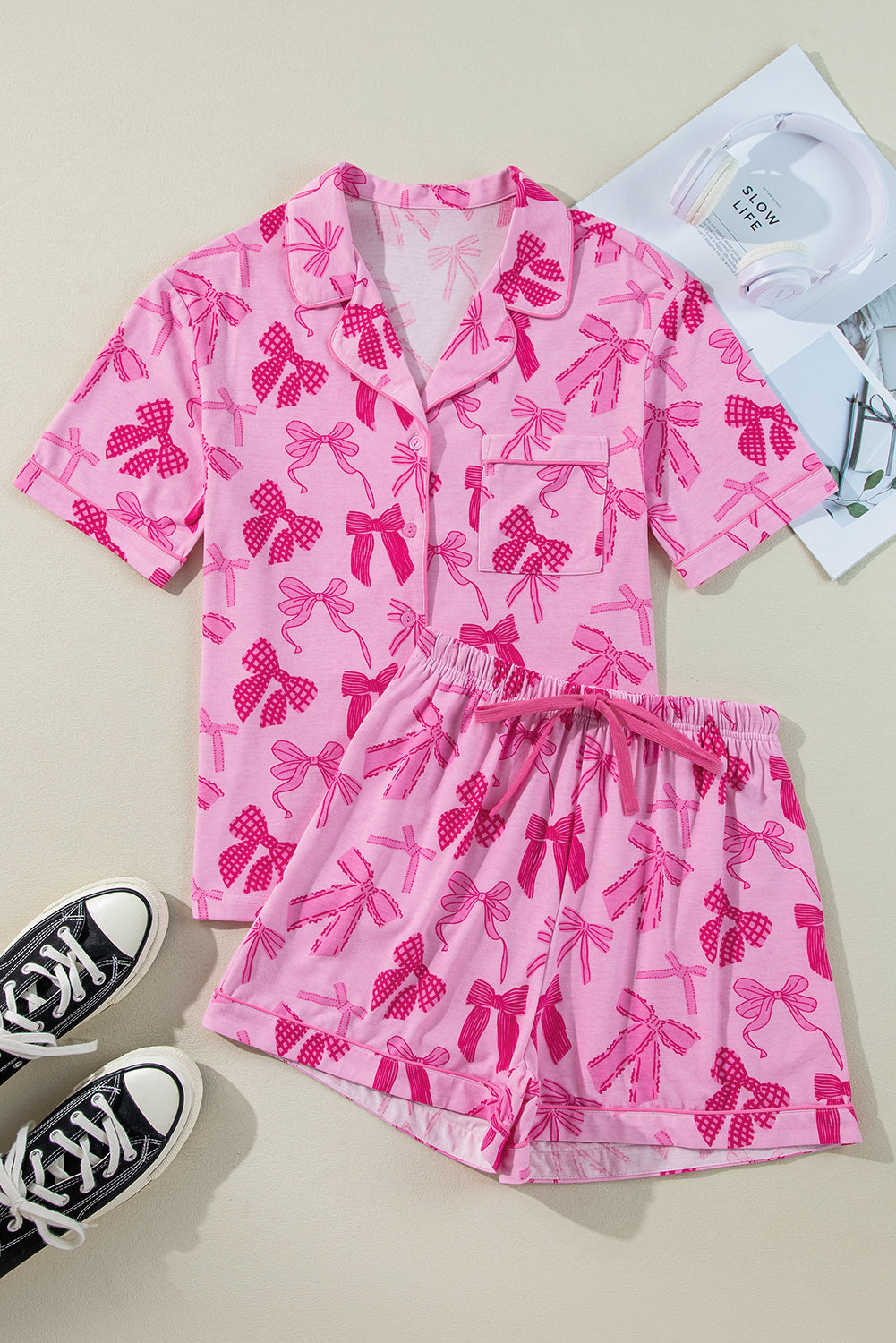 Bow Shirt and Shorts Pajama Set