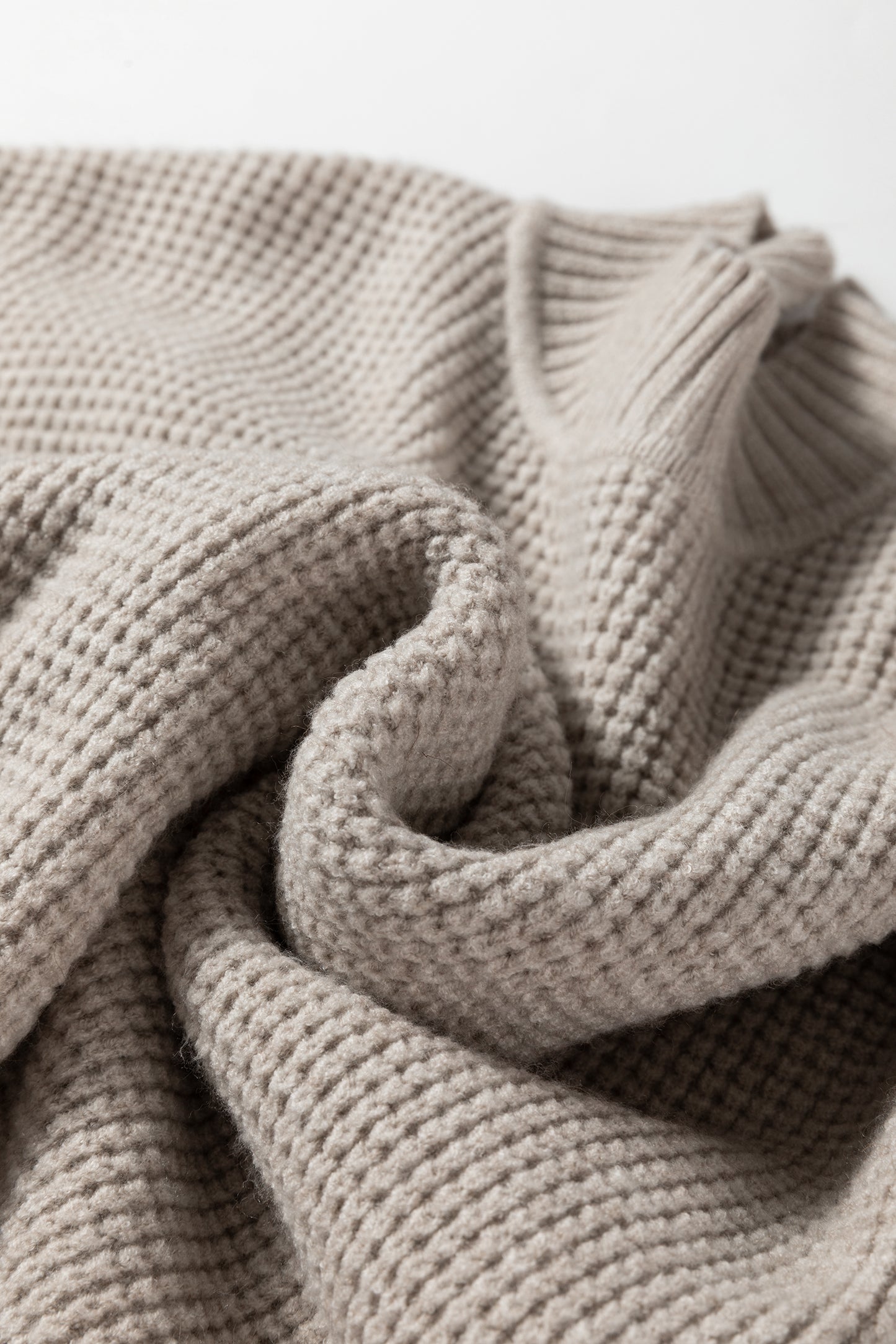 Waffle Knit Ribbed High Neck Drop Shoulder Sweater