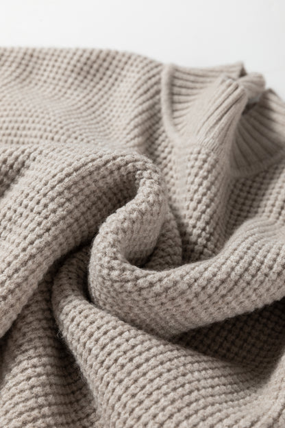 Waffle Knit Ribbed High Neck Drop Shoulder Sweater