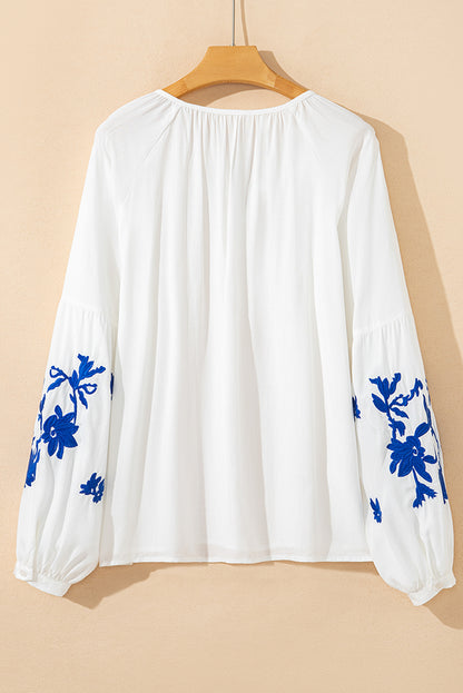 Floral Embroidered Drawstring V-Neck Blouse
