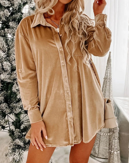 Velvet Long Sleeve Shirt Dress