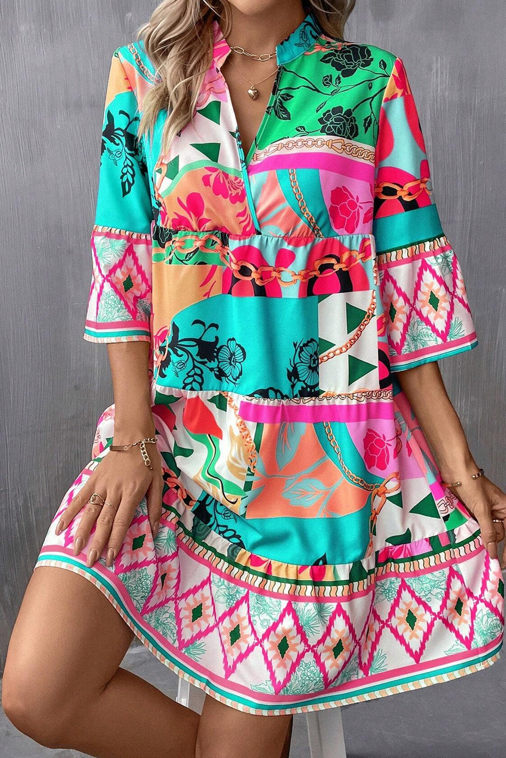 Abstract 3/4 Sleeve Mini Dress