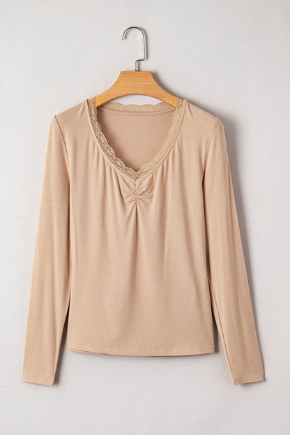 Lace Trim Ruched V-Neck Long Sleeve Top