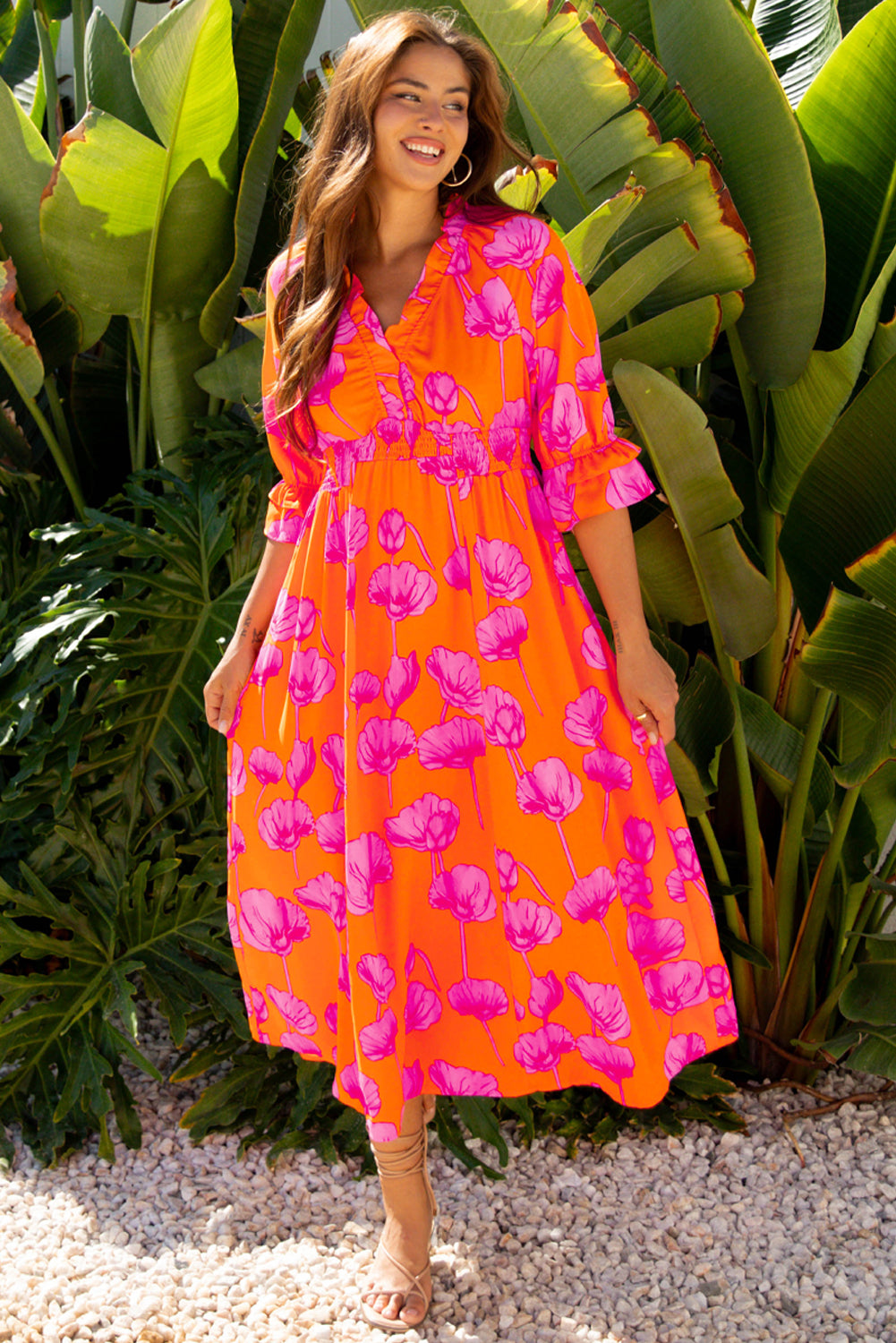 Floral Frilly Smocked V-Neck Maxi Dress