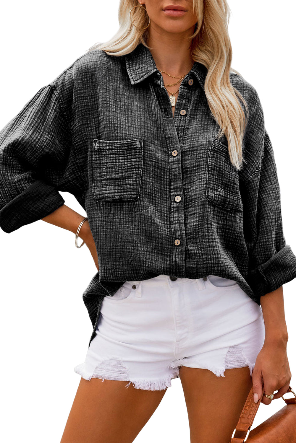 Gauze Chest Pockets Buttoned Shirt