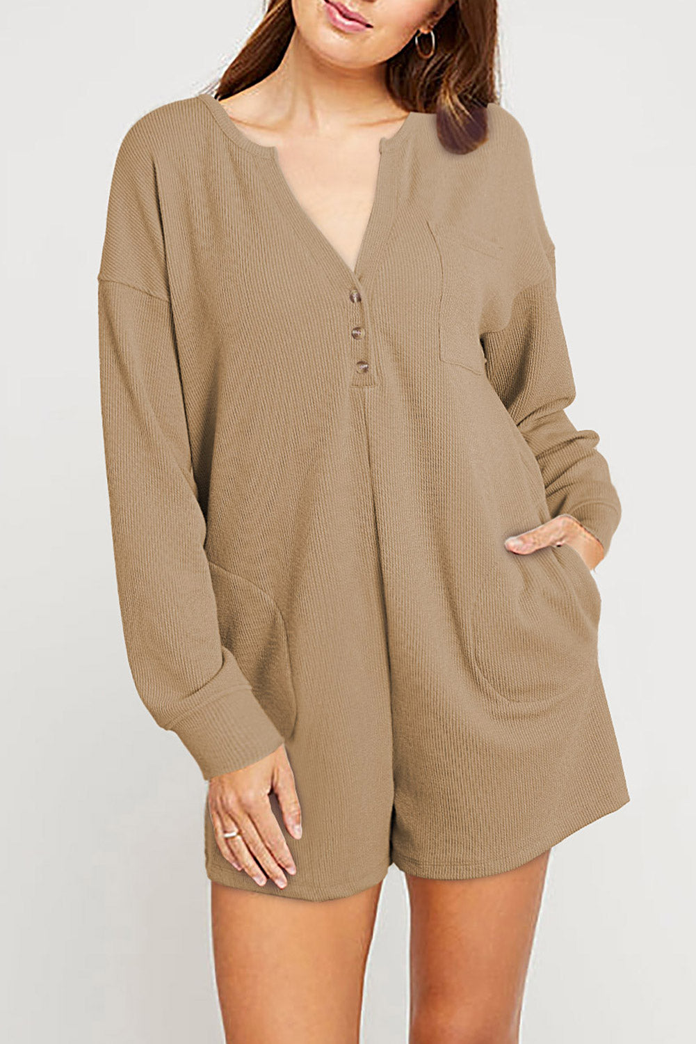 Ribbed V-Neck Long Sleeve Romper