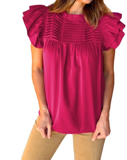 Pleated Ruffle Short Sleeve Blouse