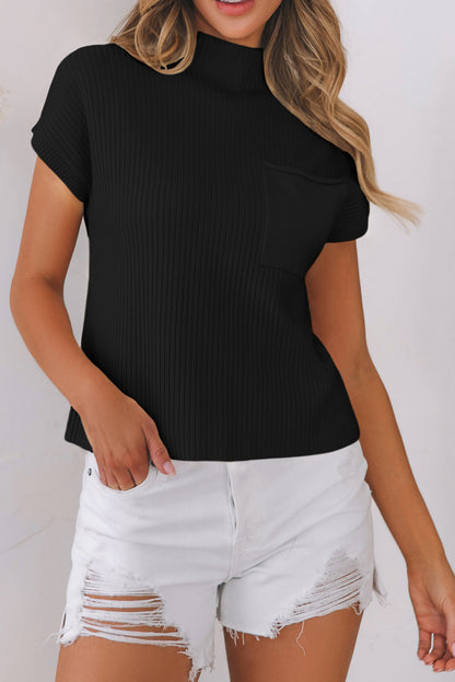 Solid Ribbed Knit Patch Pocket Short Sleeve Sweater