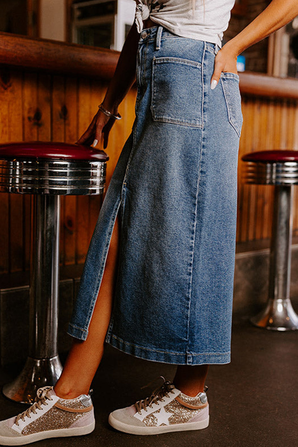 Denim Front Slit Midi Skirt